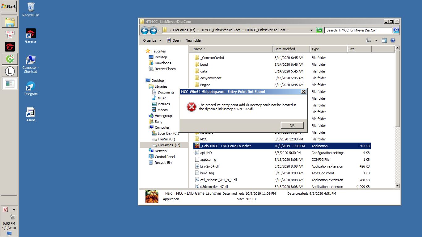 Lỗi Entry Point not found error KERNEL32.dll Windows 7 Halo