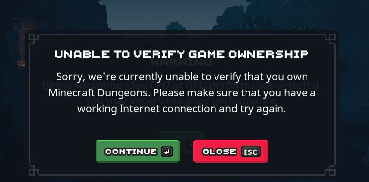 Minecraft dungeon unable to verify game ownership Minecraft dungeon unable to verify game ownership