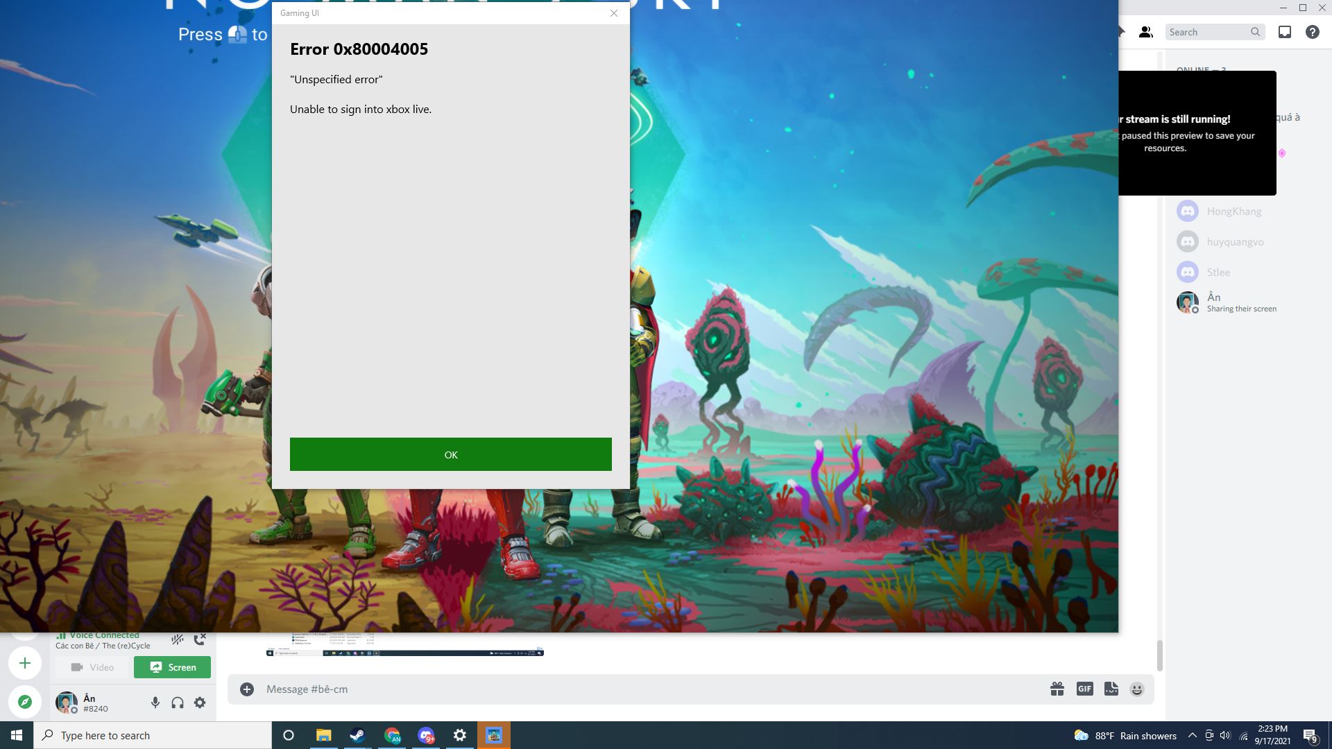 Lỗi 0x80004005 khi đăng nhập Xbox game No Man's Sky bản 3.67 UWP online