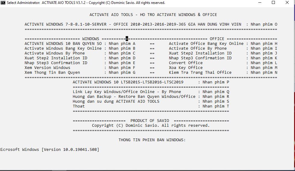 Xin giúp đỡ tool activate AIO không hiện 'Lua chon cua ban la: '