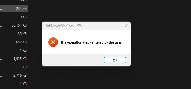 Lỗi The Operation was canceled by the user