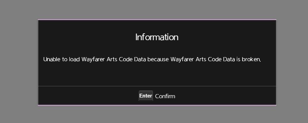 Lỗi Wayfarer Arts Code Data is broken