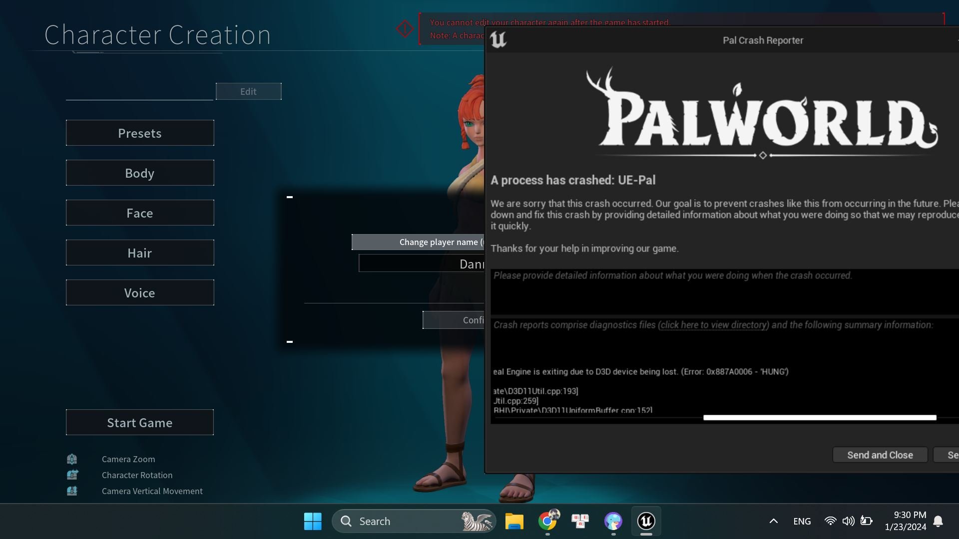 Palworld bị crash ở màn hình nhân vật