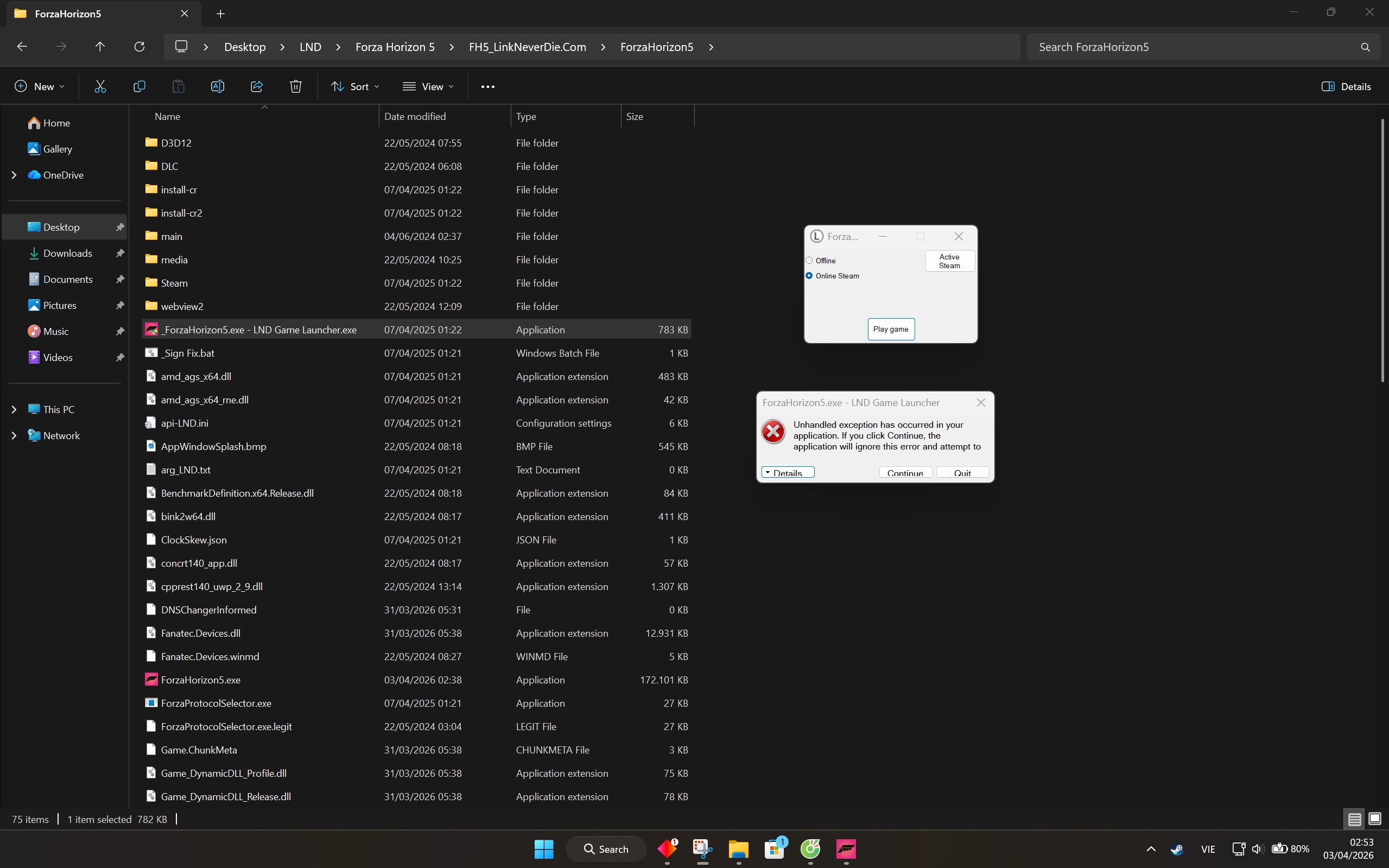 Crash LND Launcher khi Active Steam Forza Horizon 5 (Lỗi 32-bit vs 64-bit)
