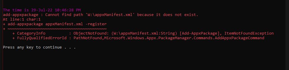 Lỗi không tìm được appxmanifest.xml khi chạy _Install App