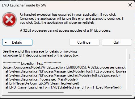 Lỗi processes cannot access modules of a 64 bit process.