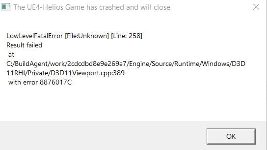 Lỗi the ue40 helios game has crashed and will close
