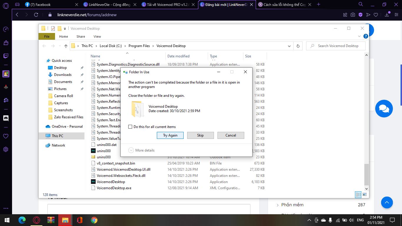 Không thể dán folder voicemod desktop