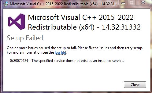 lỗi 0x80070424 khi cài đặt Microsoft Visual C++