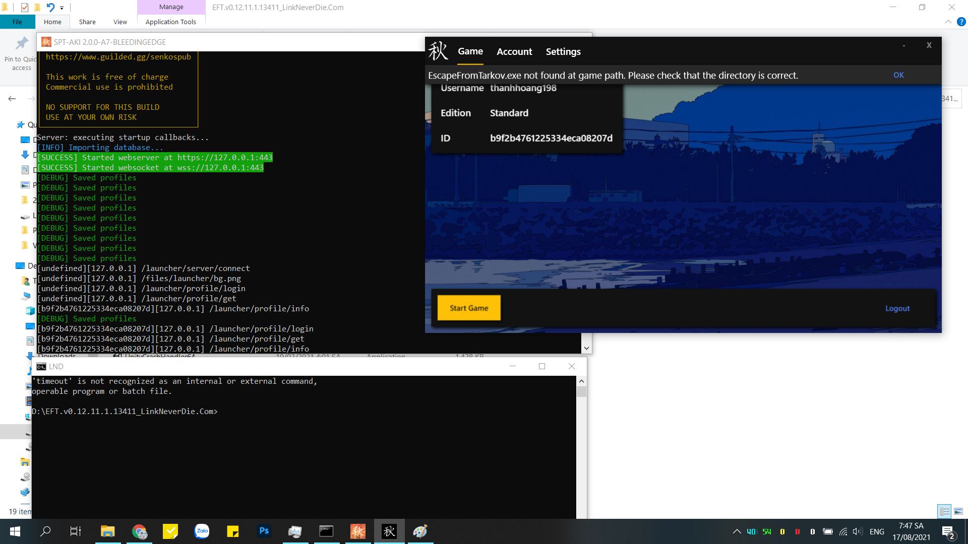 lỗi khi chơi game EscapefromTarkov.exe not found at game patch. Please check that the directory is correct